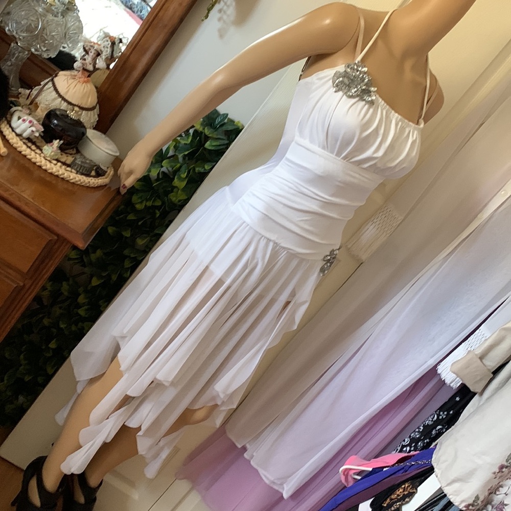 White spandex BALLET DANCE romper sheer chiffon shark bite hankie hem  S